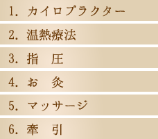 1.カイロプラクター 2.温熱療法 3.指圧 4.お灸 5.マッサージ 6.牽引